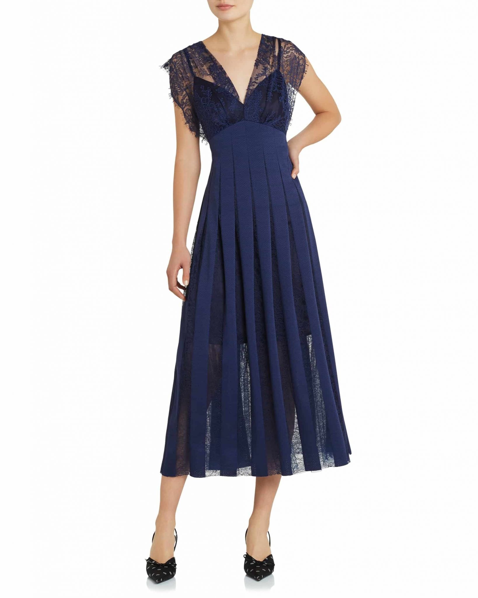 Soft lace midi length,cap sleeve,A line Cocktail dress Modes Eventwear NZ