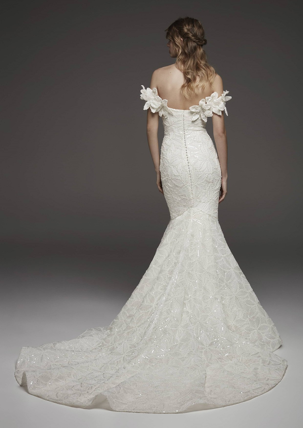 Stunning off-the-shoulder wedding gown Modes Bridal NZ