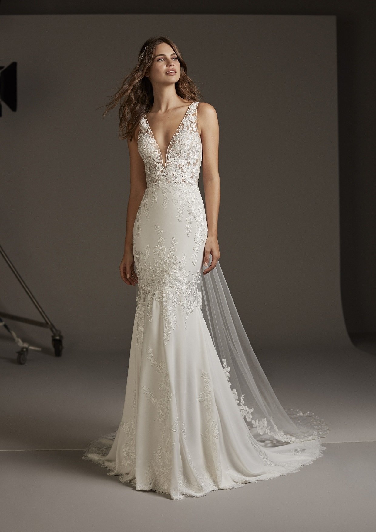Romantic wedding gown with plunging Vneck Modes Bridal NZ