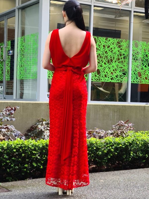 Red Lace gown with a cowl back Modes Eventwear NZ