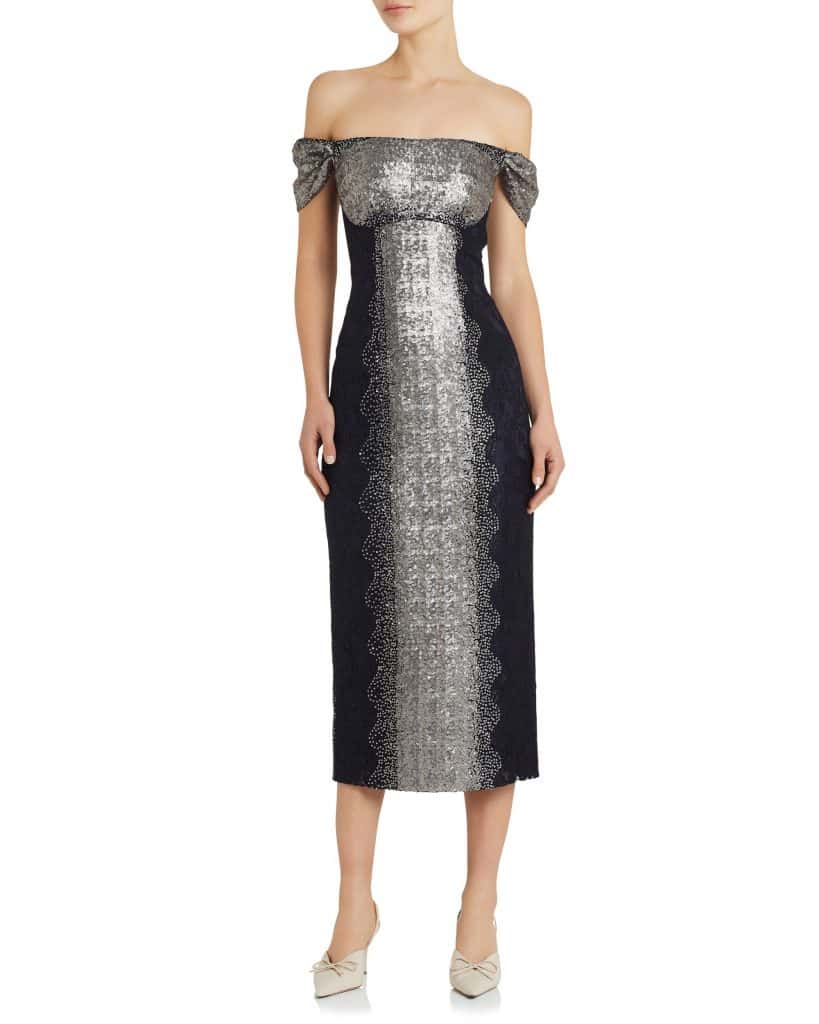 OFF THE SHOULDER SEQUIN FITTED DRESS