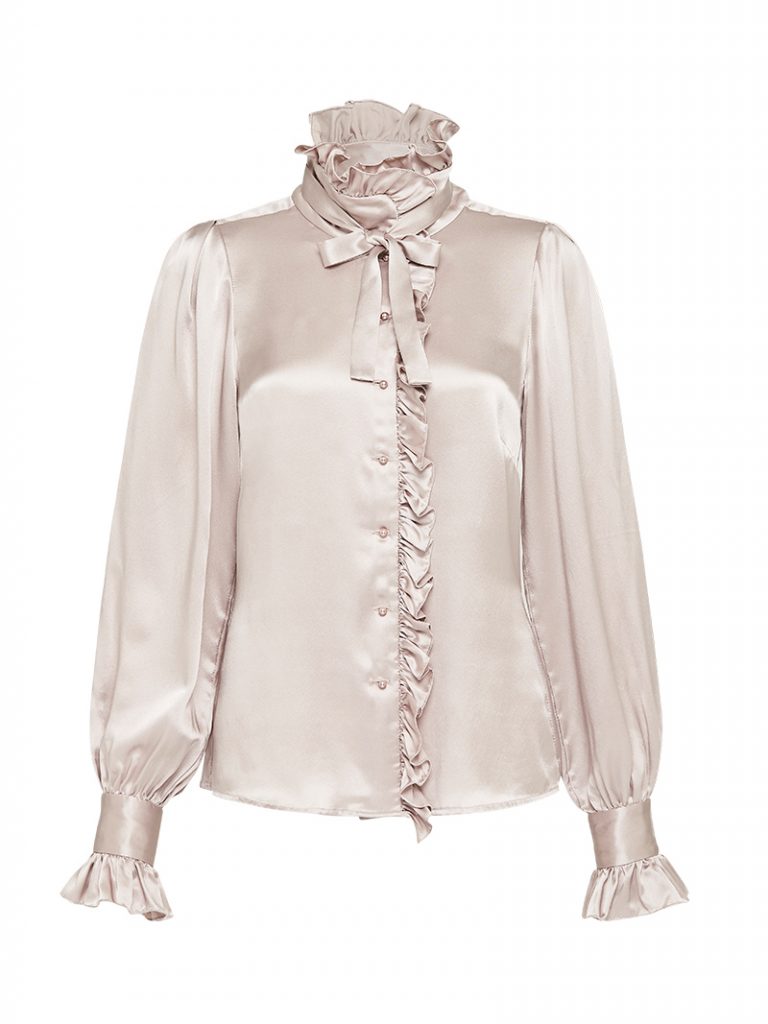 Ruffle collar with neck tie Silk satin shirt mssh1 | Modes NZ