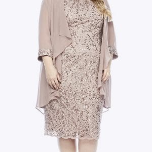 Mid-length sequin embroidered dress with scallop hem and 3/4 waterfall coat.JPG