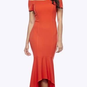Off the shoulder gown with high to low fishtail hemline.JPG
