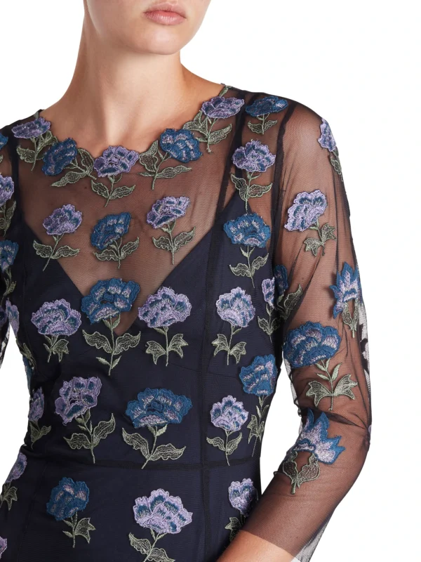 Dark navy tulle with tonal in shades of lilac and blue floral embroidery.JPG