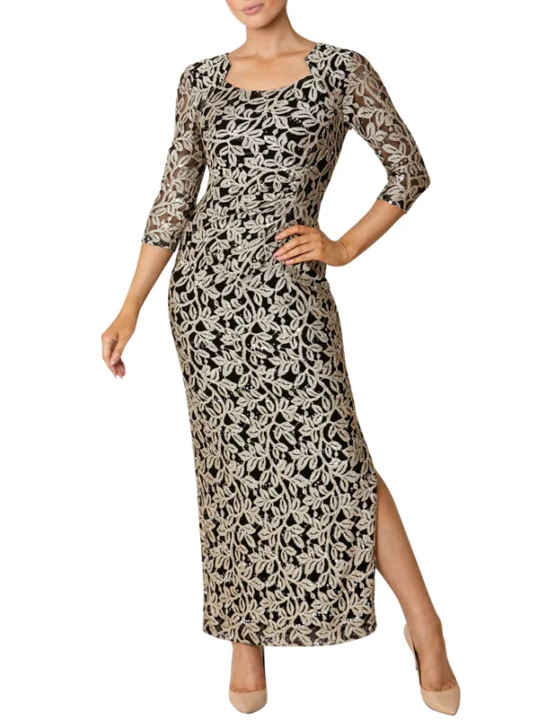 ¾ length sheer lace sleeves, Stretch Lace Gown.JPG