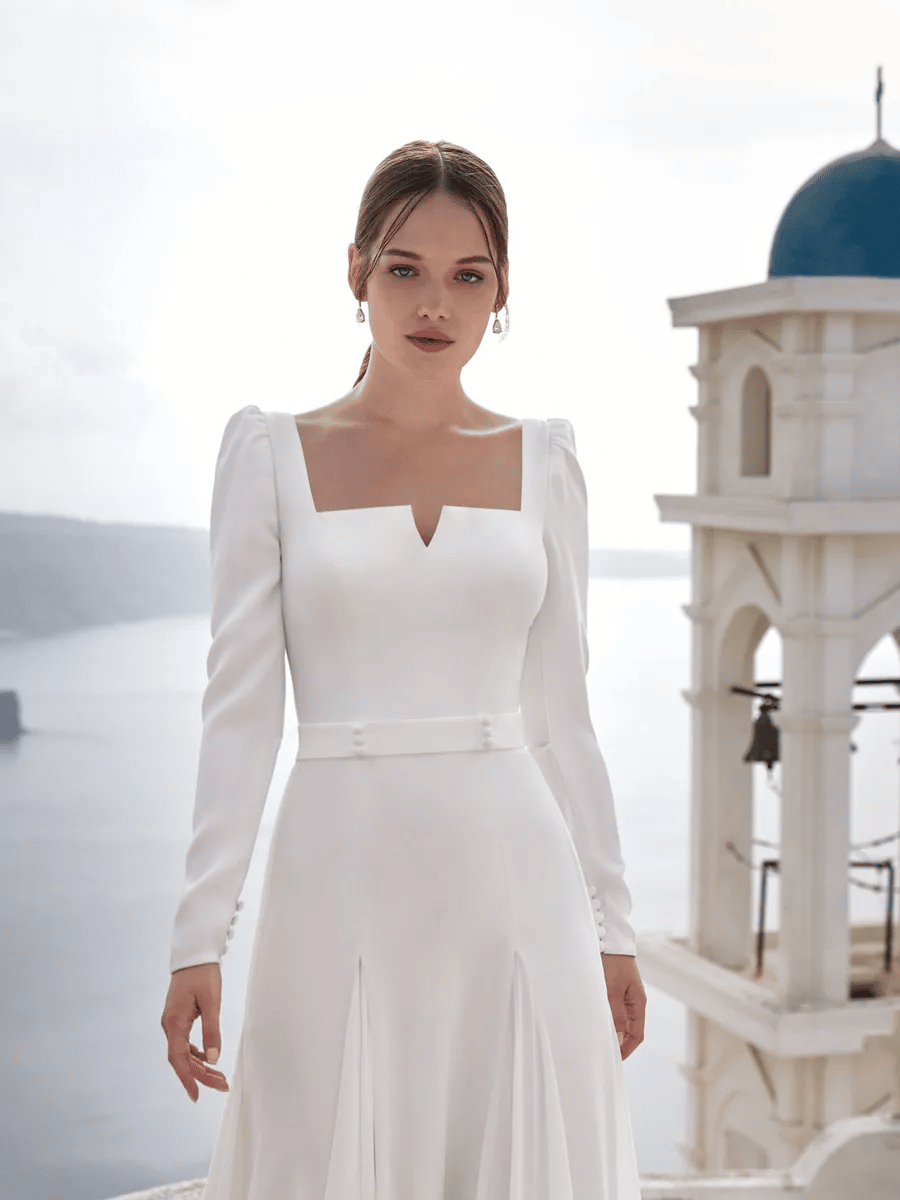 Minimalist flared wedding dress in ecological crepe with blouson ...