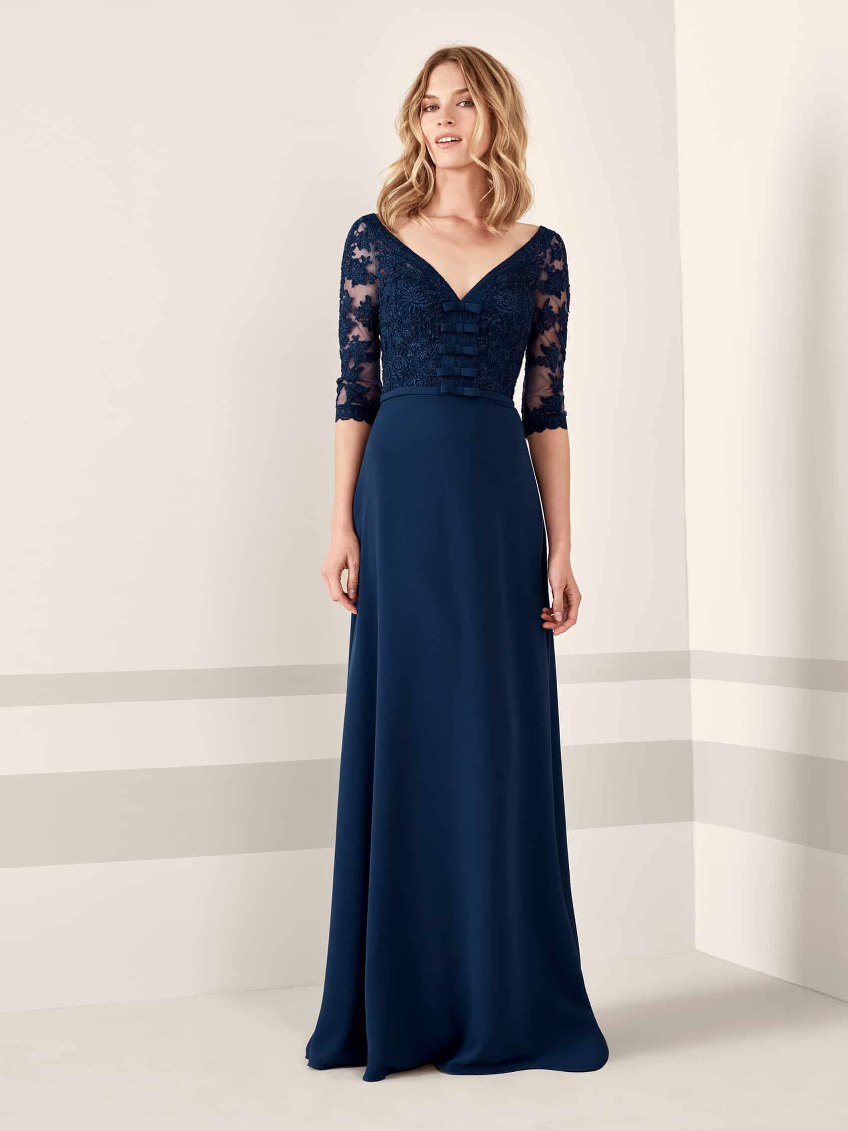 Lace Top A-Line Long Dress with V-Neckline and Bows.JPG