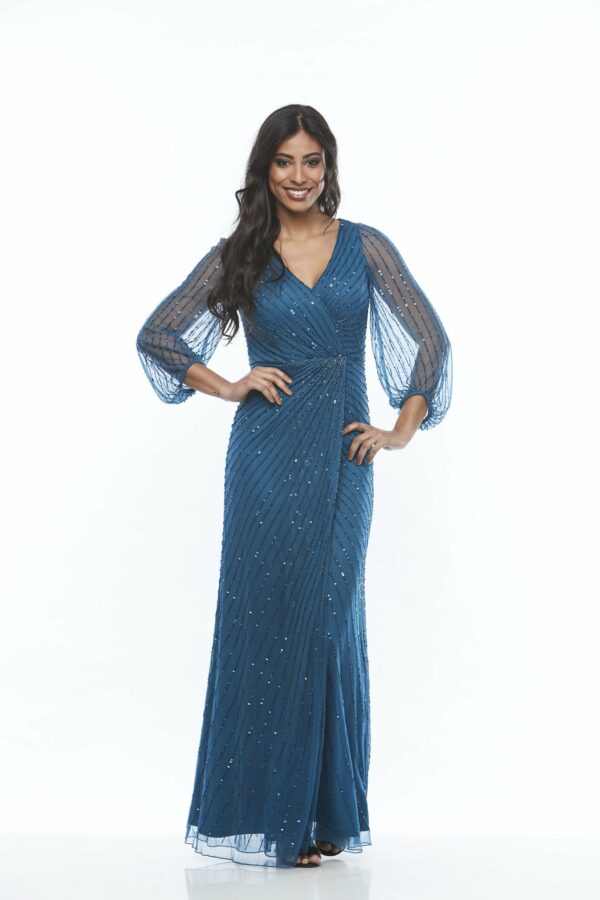 Long Beaded Dress with Peasant Sleeves and V-Neckline.JPG