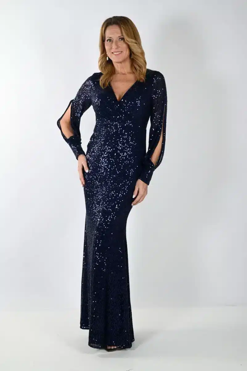 Maxi Sequin Dress with V-Neckline and Long Sleeves .JPG