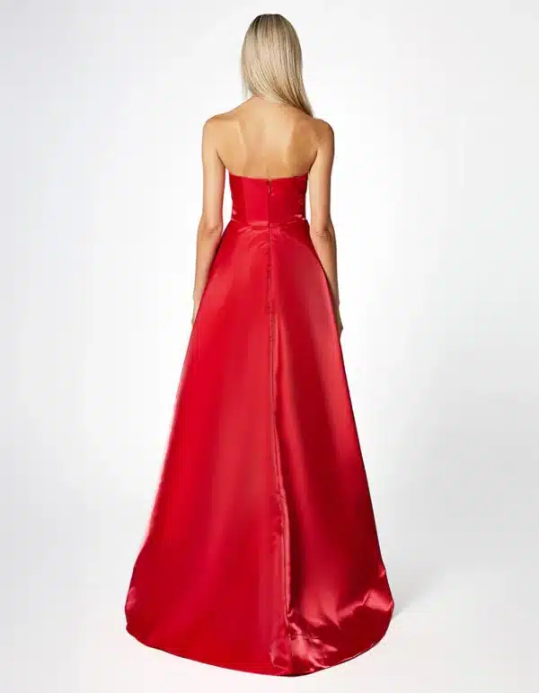 Asymmetric Strapless Hi-Low Gown with Pleat Detail .JPG
