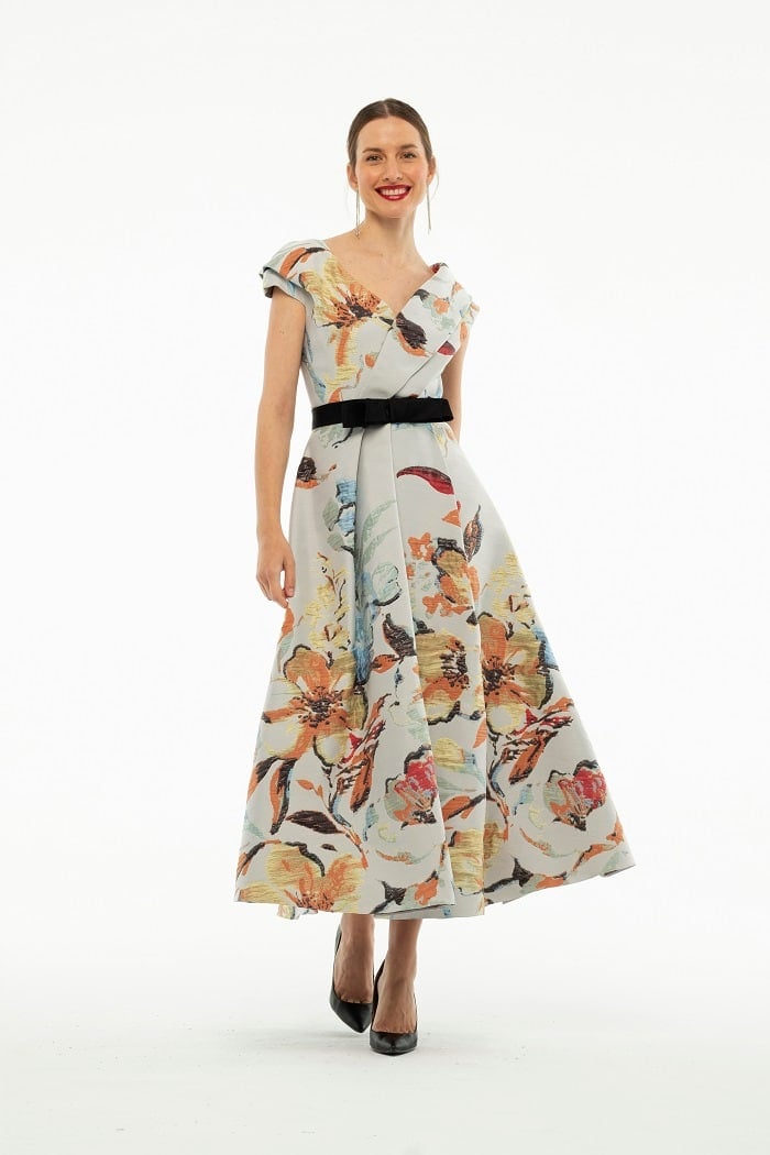 Floral Jacquard A-Line Dress with Contrast Belt MCDR5614.JPG