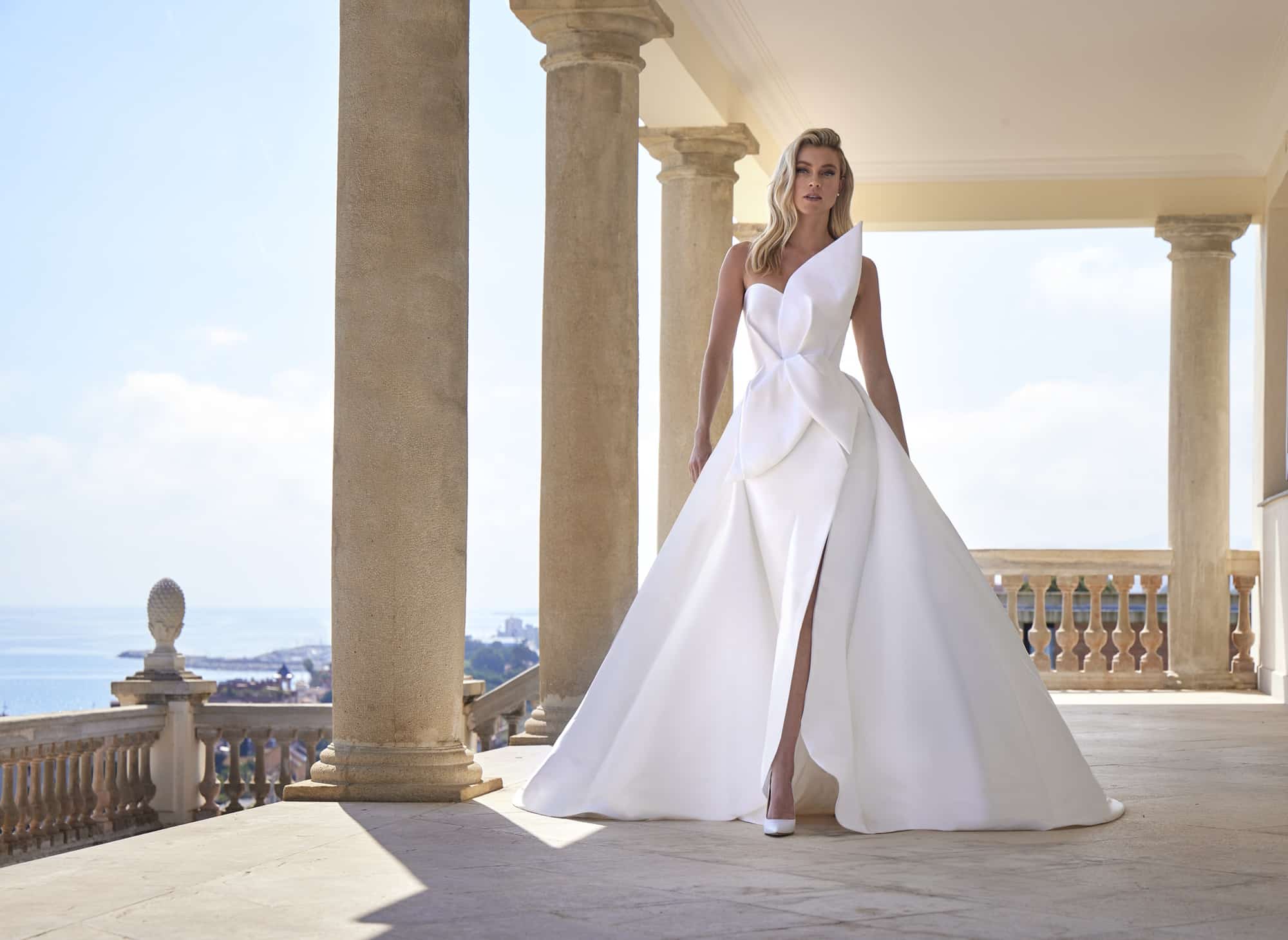 Chic Strapless Column Wedding Gown with Bow and Detachable Skirt.JPG