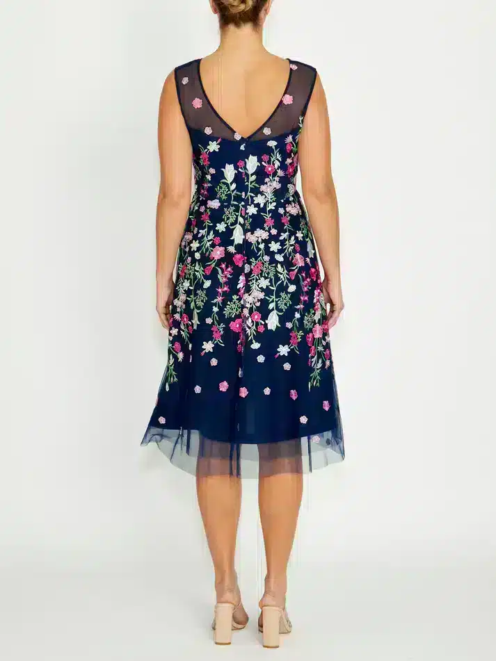 navy blue dress with pink flowers Dainty pink A-line maxi dress with blue-flowered pattern, Glow-Up XXL / 12 / Pink-Blue