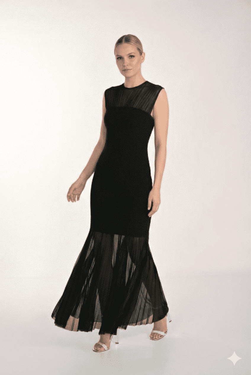 Long Black Dress with Sheer Pleated Yoke FLDR58.JPG