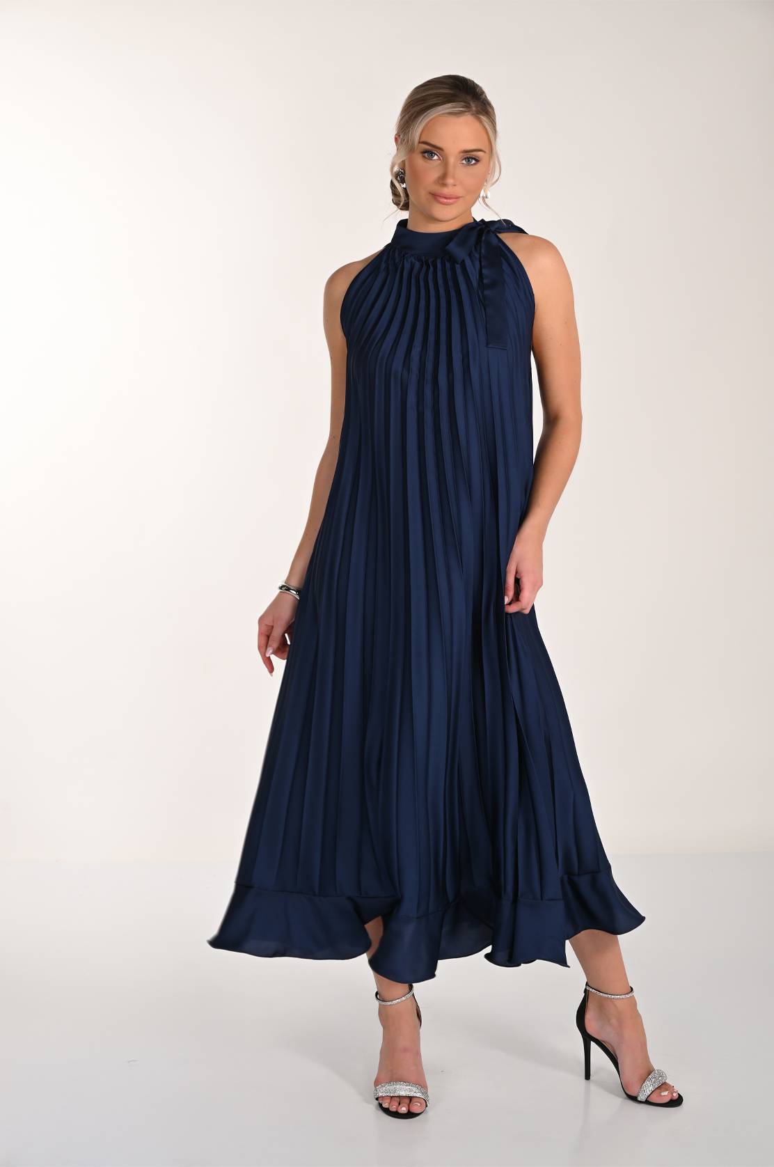 High-Neck Tie Pleated Midi Dress FLDR63.JPG