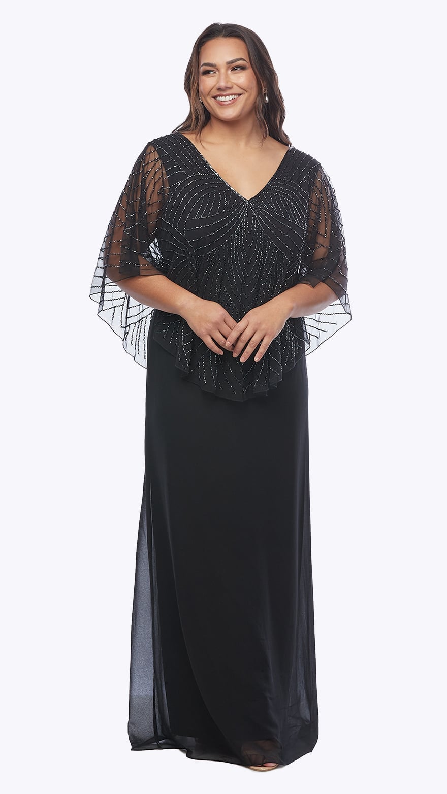 Long Dress with V-Neckline, Beaded Cape Overlay LJDR22.JPG